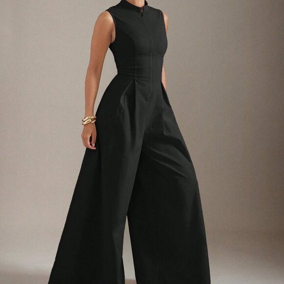 Black Elegant Women's Extreme Wide Leg Zip Front Sleeveless Jumpsuit - Picture 3 of 5